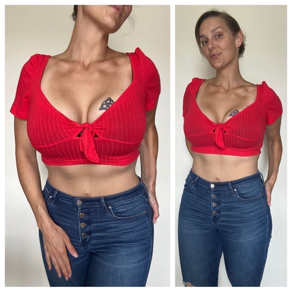 SHEIN Top Ribbed Crop Red Tie Front Festival Party Stretch